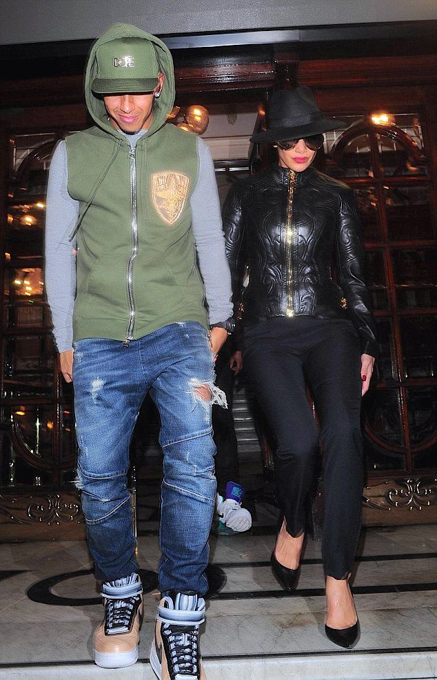Nicole Scherzinger with Lewis Hamilton in Balmain Fall Winter 2014 green cotton jersey embroidered logo sleeveless hoodie at London Palladium 9th December 2014