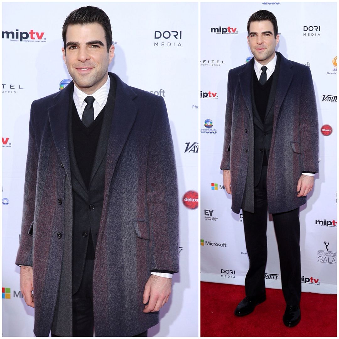 Zachary Quinto at 41st International Emmy Awards in New York on November 25, 2013 with Jil Sander gradient overcoat