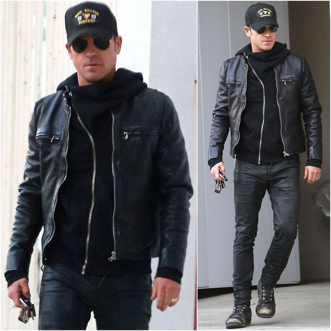 Justin Theroux's Rick Owens asymmetric zip sweatshirt, December 2013