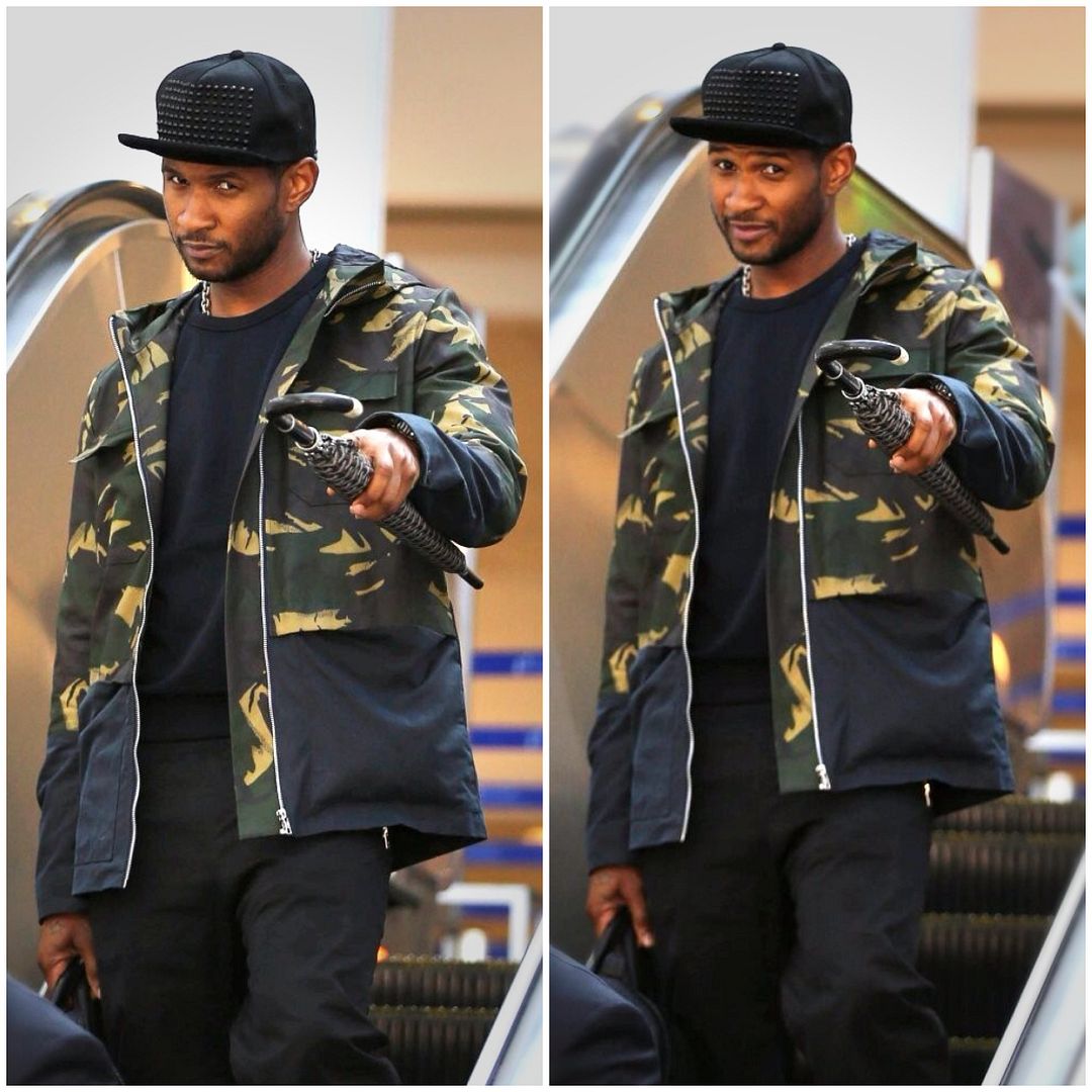 00O00 Menswear Blog Usher's Goyard umbrella and Hentsch Man camouflauge jacket - LAX Airport